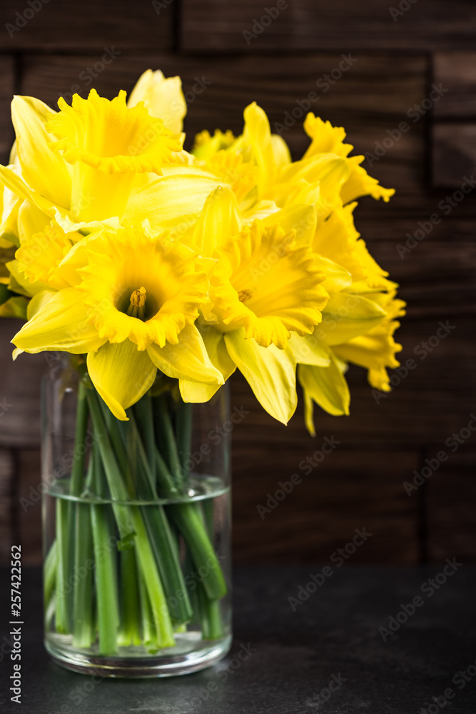 Spring yellow Daffodils flowers in vase, on wooden background