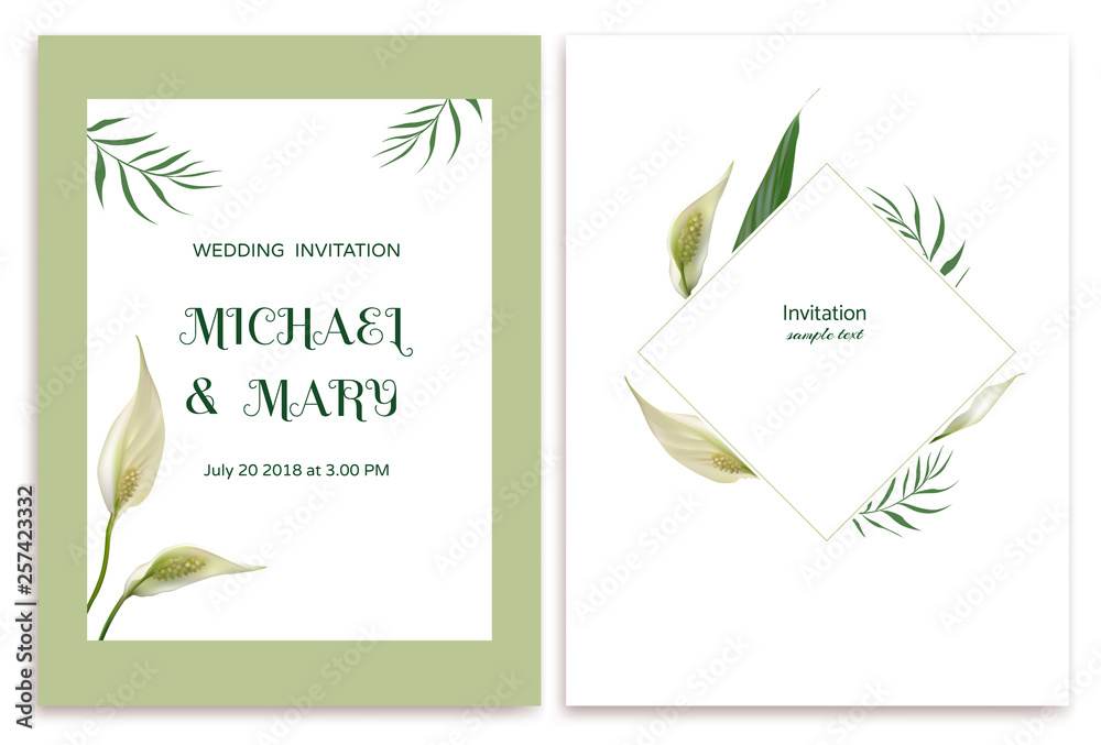 Wedding invitation. Flowers. Floral background. Callas. Tropical flowers. Green leaves.