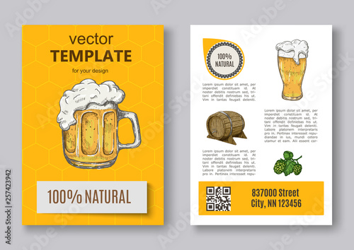 Poster of hop plant, wood barrel and beer mugs