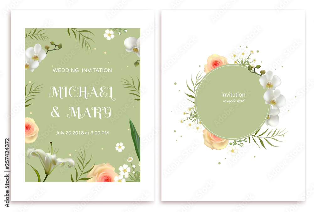 Wedding invitation. Flowers. Floral background. Lilies. White orchids. Pink roses. Green leaves.