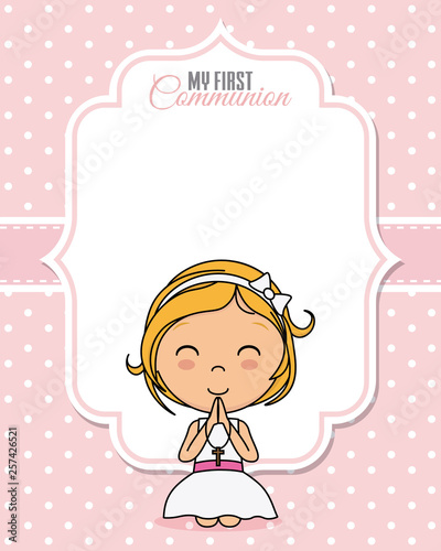 First communion card. Praying girl with space for text
