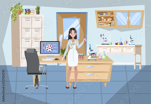 Hospital laboratory interior design. Doctor in uniform.