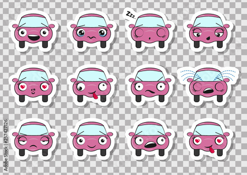 Set of stickers with funny pink cars on a transparent background. Vector illustration in cartoon style
