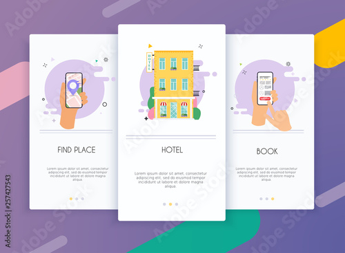 Onboarding screens user interface kit for mobile app templates concept of find hotel. Concept for web banners, websites, infographics.