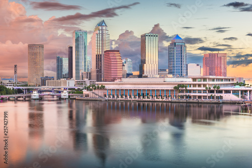 Tampa  Florida  USA downtown skyline on the bay at dawn.