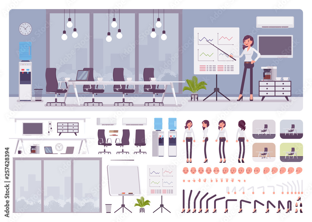 Meeting room in the business center office and female manager creation kit, conference hall set with furniture, constructor elements to build own design. Cartoon flat style infographic illustration
