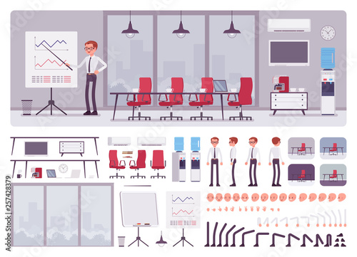 Meeting room in the business center office and male manager creation kit, conference hall set with furniture, constructor elements to build your own design. Cartoon flat style infographic illustration