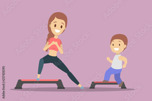 Parent and child doing workout in gym