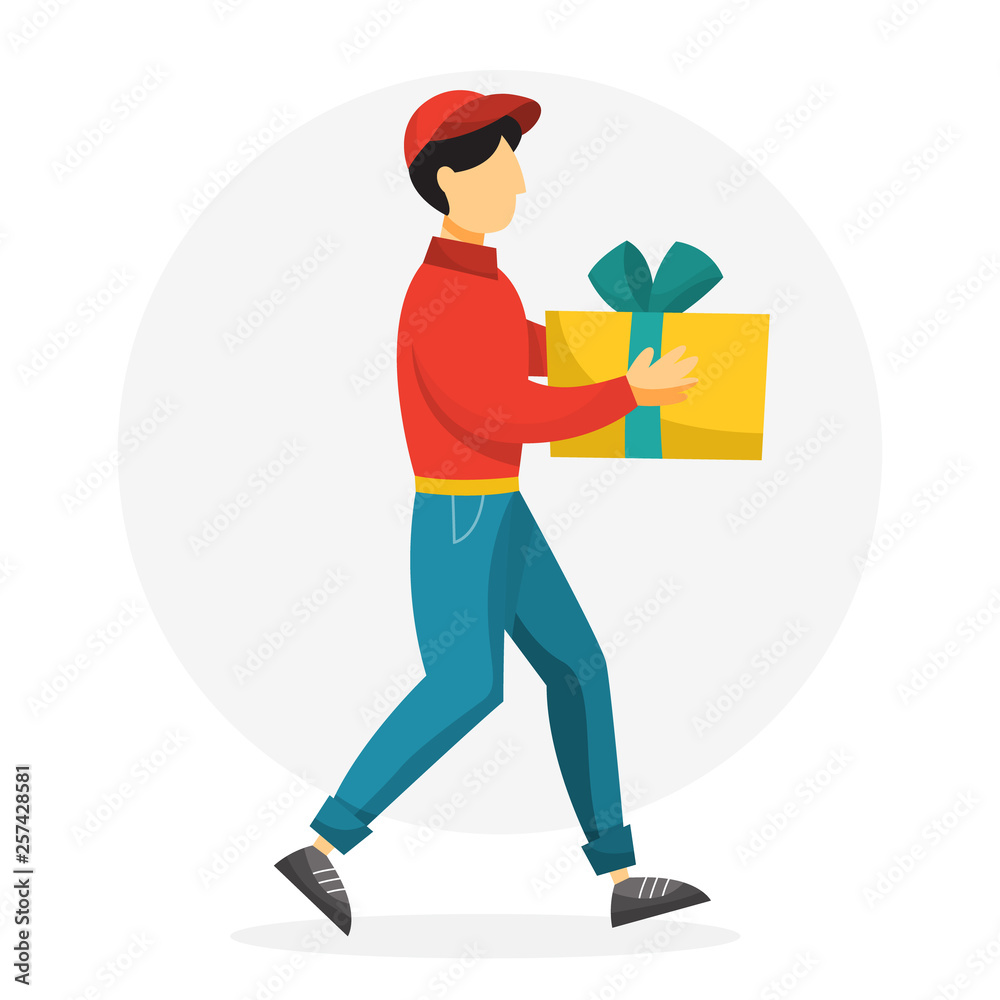 Delivery man. Courier in red and blue uniform