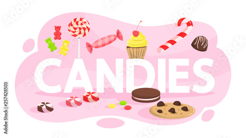 Candy set. Collection of sweet dessert. Lollipop