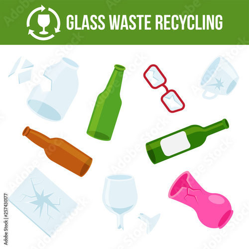 Vector illustration: icons collection of glass waste. Glass garbage recycling and sorting. Isolated trash icons.