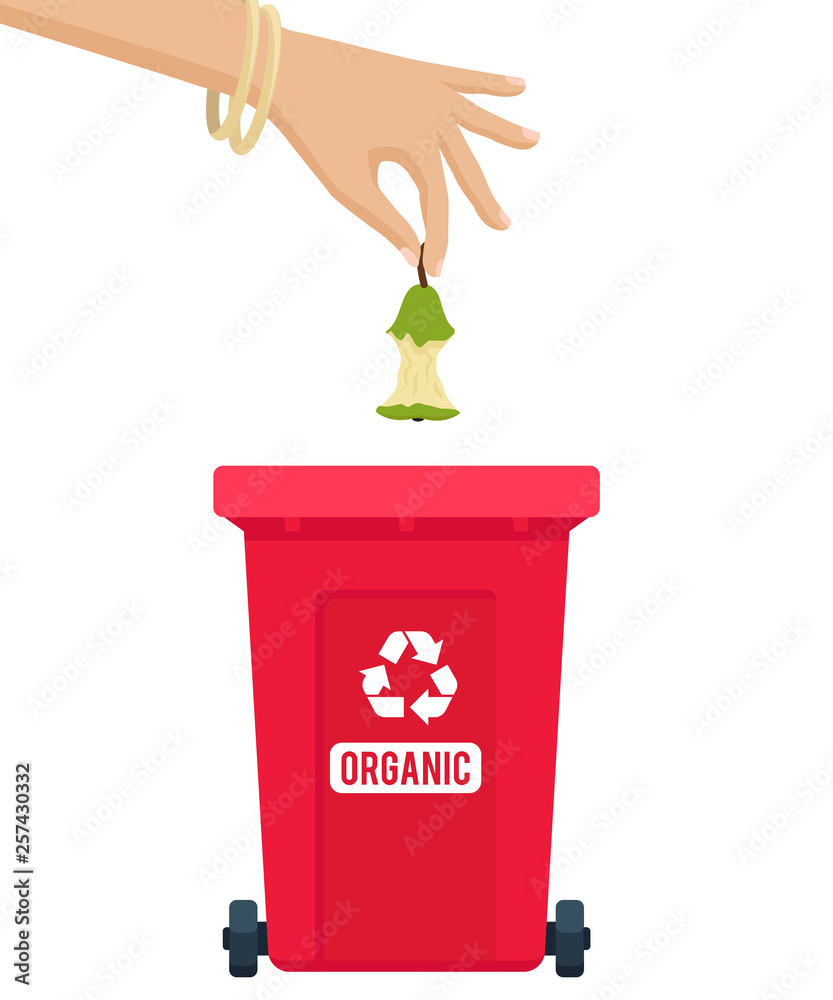 Vector illustration organic waste throw out. Woman hand throwing away apple or pear stump in