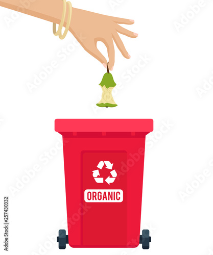 Vector illustration: organic waste throw out. Woman hand throwing away apple or pear stump in garbage container. Trash sorting concept. Colorful trash bin. 