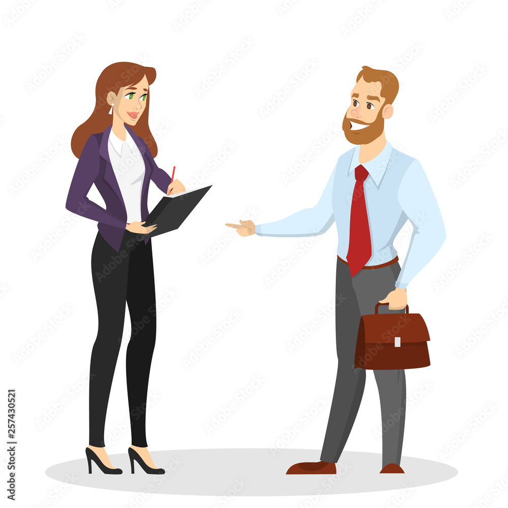 Two business person stand and talk. Businessman