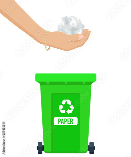 Vector illustration: paper waste throw out. Woman hand throwing away crumpled paper ball in garbage container. Trash sorting concept. Colorful trash bin.