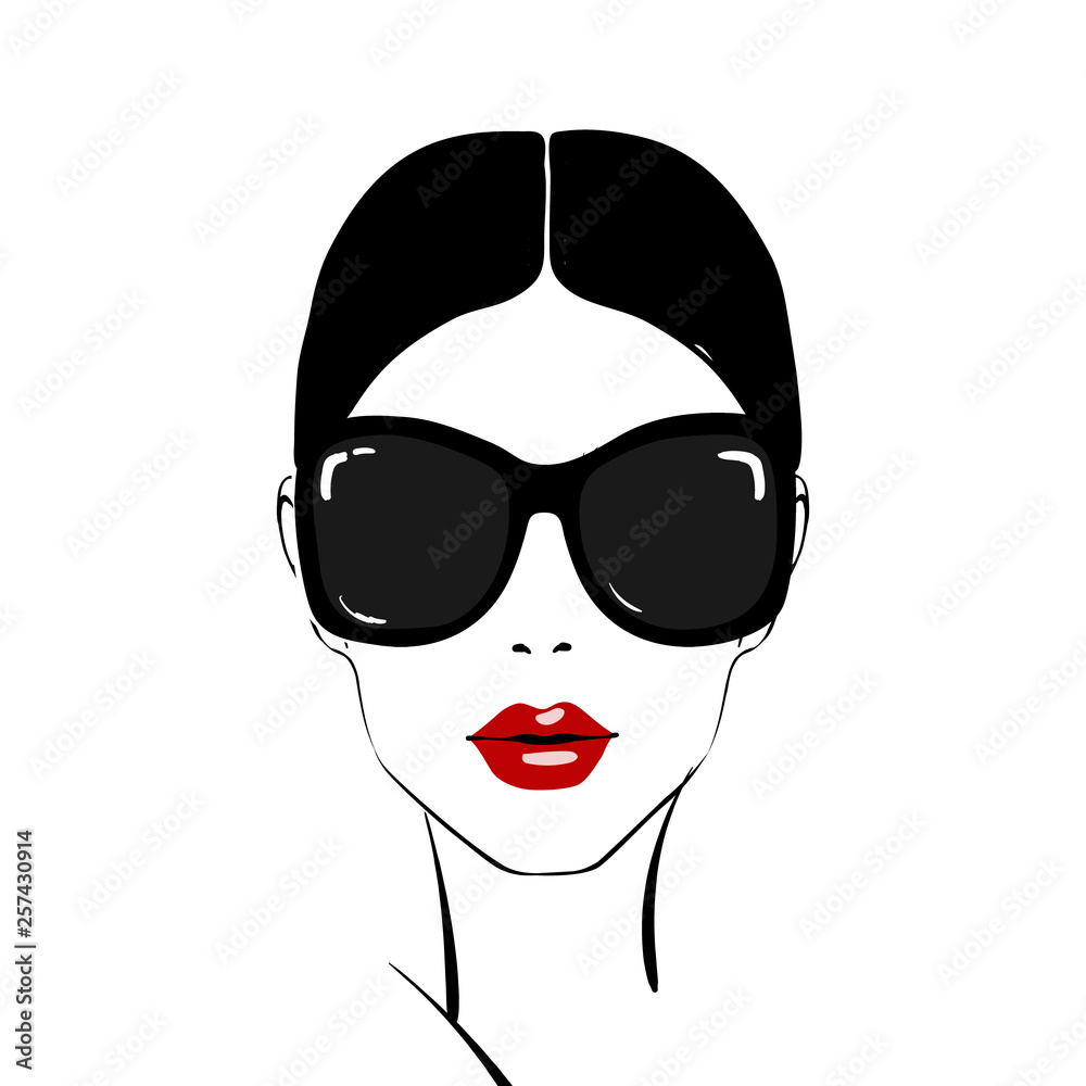 Beautiful woman face with red lips make-up and sunglasses hand drawn vector  illustration. Stylish original graphics portrait with young girl model.  Fashion, style, beauty. Graphic, sketch drawing. Stock-vektor | Adobe Stock