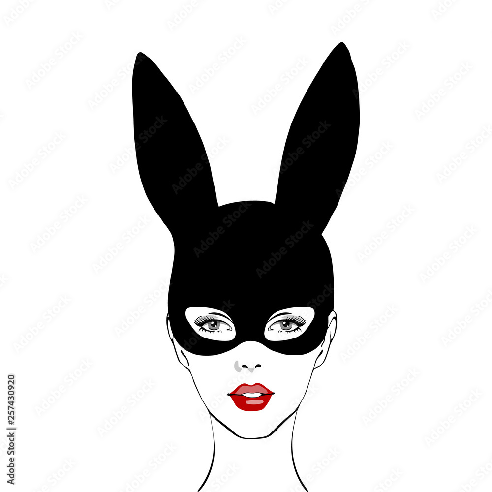 Beautiful portrait of the beautiful girl in black mask rabbit. Woman ...