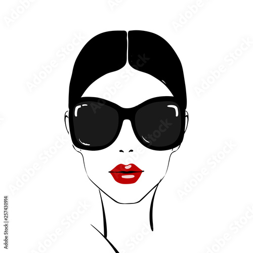 Beautiful woman face with red lips make-up and sunglasses hand drawn vector illustration. Stylish original graphics portrait with young girl model. Fashion, style, beauty. Graphic, sketch drawing.