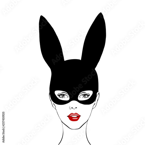 Beautiful portrait of the beautiful girl in black mask rabbit. Woman face with red lips makeup hand drawn vector illustration. Print, poster, t-shirt, card, emblem. happy easter