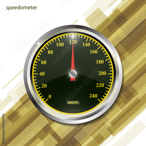 Speedometer on color abstract geometric background. Round black caliber with chrome frame. Bright neon speed indicators.