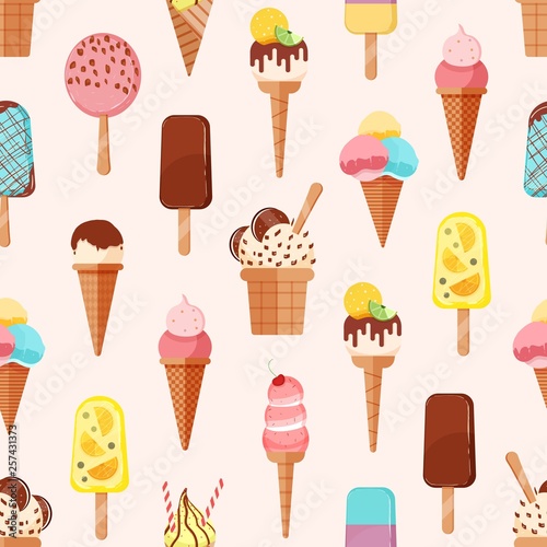 Seamless pattern with tasty sweet ice creams on light background. Backdrop with delicious frozen creamy refreshing summer desserts. Flat cartoon vector illustration for wrapping paper, textile print.