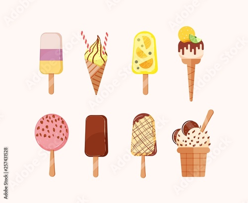 Bundle of sweet ice cream of different types isolated on light background. Set of delicious frozen creamy desserts decorated with chocolate sprinkles, exotic fruits. Flat cartoon vector illustration.