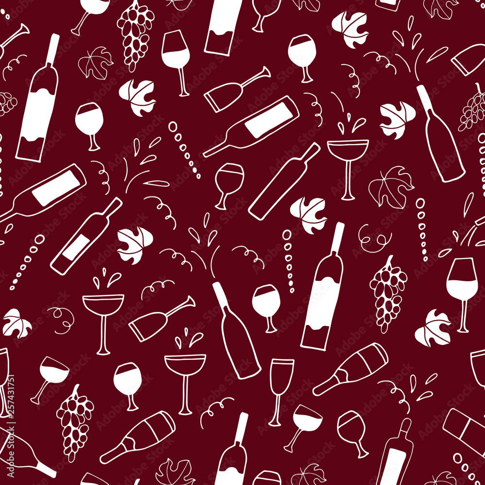 Hand drawn vector seamless pattern with cheese, wine glasses, bottles. Sketch drawing Hand drawn vector seamless pattern with cheese, wine glasses, bottles. Sketch drawing