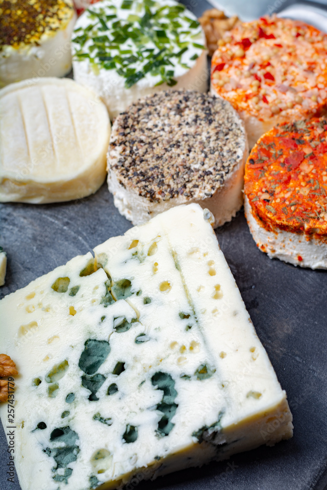 Foto de Assortment of French fresh white soft goat cheeses with