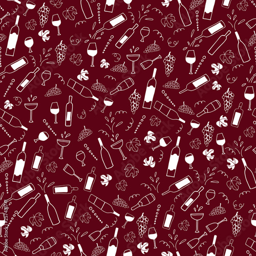 PrintHand drawn vector seamless pattern with cheese, wine glasses, bottles. Sketch drawing.