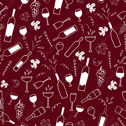 Hand drawn vector seamless pattern with cheese, wine glasses, bottles. Sketch drawing