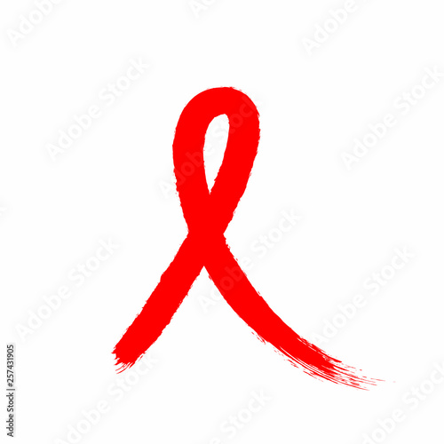 Red awareness ribbon drawn by hand with a rough brush. Symbol of AIDS and HIV. Grunge icon. Sketch, watercolor, paint.