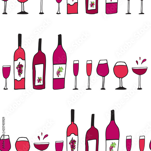 Hand drawn doodle vector seamless pattern with wine glasses and bottles. Red bordo wine, Sketch drawing.