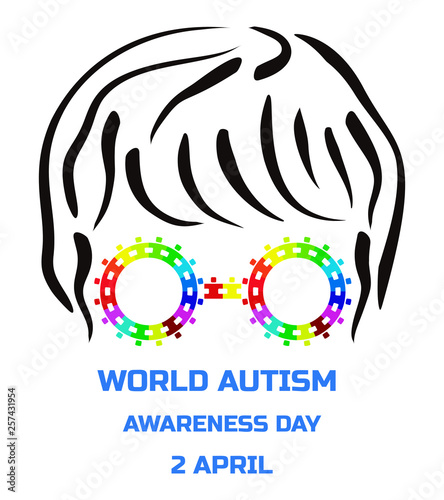 Autism awareness poster with a man face with sunglasses of multicolored puzzle pieces