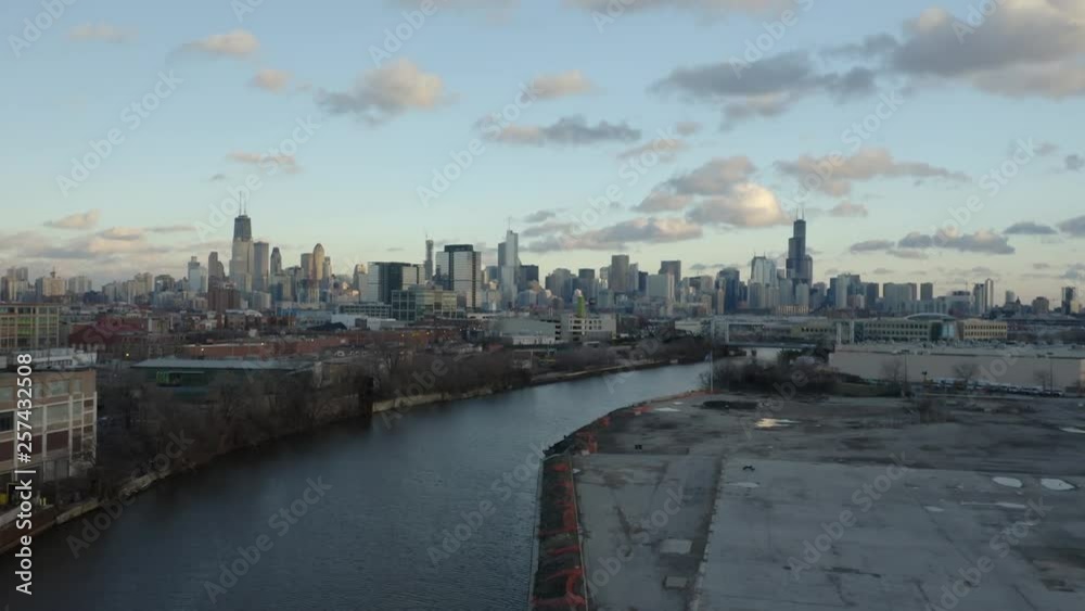 4k Aerial perspective of Chicago skyline near Lincoln Yards and Goose Island 4k Aerial perspective of Chicago skyline near Lincoln Yards and Goose Island