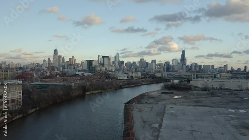 4k Aerial perspective of Chicago skyline near Lincoln Yards and Goose Island photo