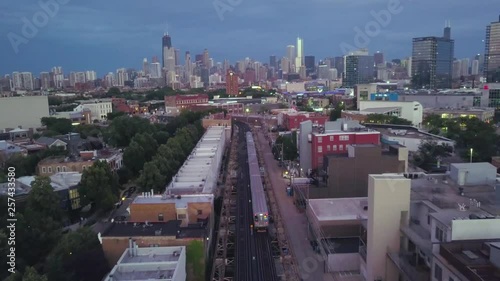 4k Aerial of Downtown Chicago with Subway Train