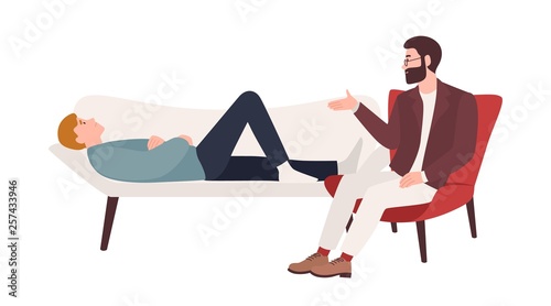 Man lying on coach and male psychologist, psychoanalyst or psychotherapist sitting beside and providing psychological aid