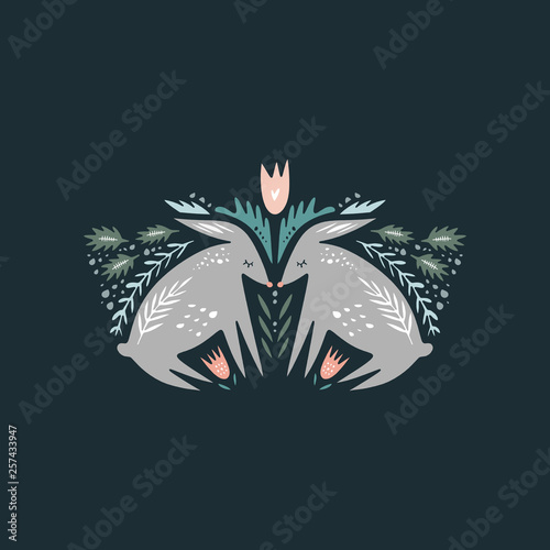 Cute cartoon rabbits. Composition with folk art animals and floral decor elements. Hand drawn vector, clip art