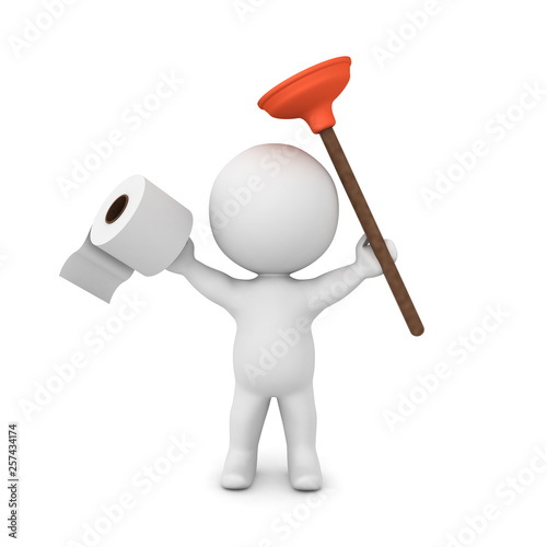 3D Character holding up plunger and toilet paper