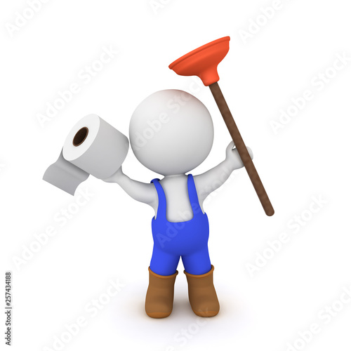 3D Rendering of plumber with plunger and toilet paper