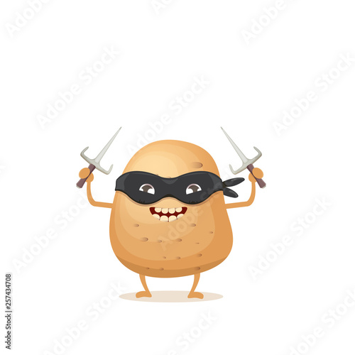 vector cartoon ninja potato character with black super hero mask and ninja knife sai isolated on white background. super funky vegetable food character