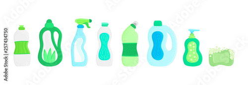 Eco friendly household cleaning supplies. Natural detergents. Products for house washing. Non chemical cleaners. Green home. Flat design. Banner, leaflet, brochure, lable, package. Vector illustration