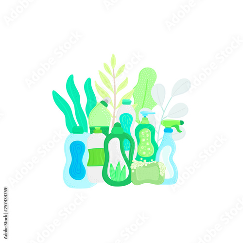 Eco friendly household cleaning supplies in leaves. Natural detergents. Products for house washing. Non chemical cleaners. Green home. Flat design. Banner, leaflet, brochure, lable, package. Vector