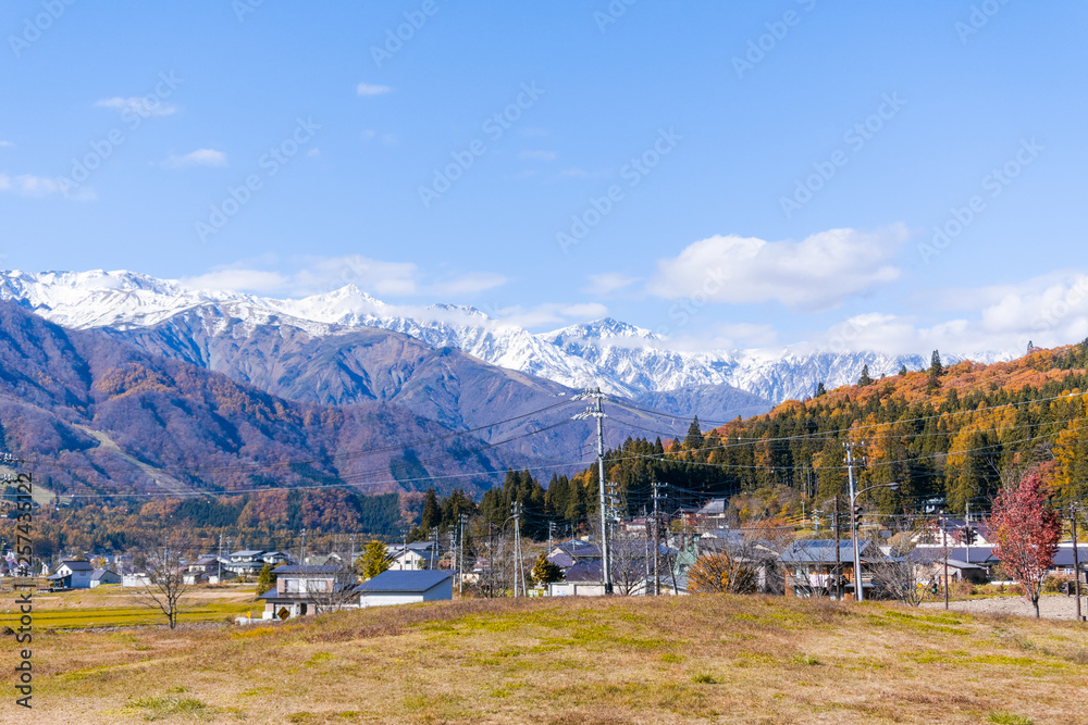Beautiful landscape view of Hakuba in the winter with snow on the mountain and blue sky background in Nagano Prefecture Japan. Beautiful landscape view of Hakuba in the winter with snow on the mountain and blue sky background in Nagano Prefecture Japan.