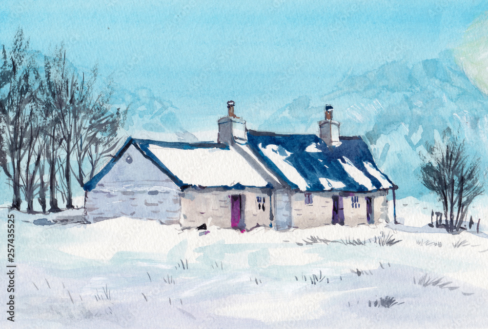 cottage watercolor hand drawn painting