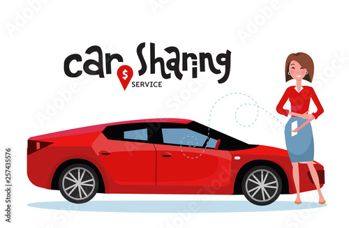 Online carsharing. Woman book car by app on mobile phone. Transportation service online. Lettering car sharing service. Happy person in front of red sport car. Vector flat cartoon illustration