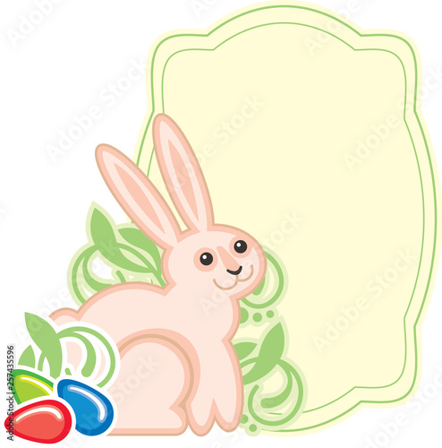 Elegant frame with cute easter bunny. Holiday tag, label with easter symbols