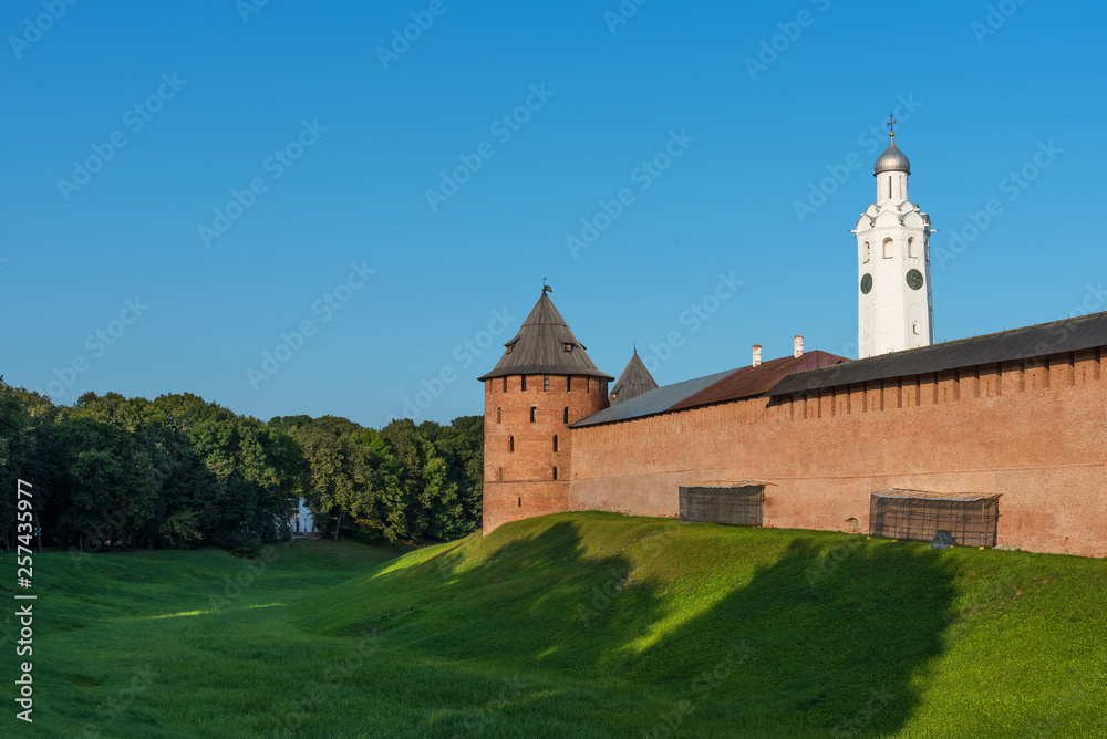 Panoramic view on Novgorod Kremlin wall and tower on summer sunny day in Veliky Novgorod, Russia.