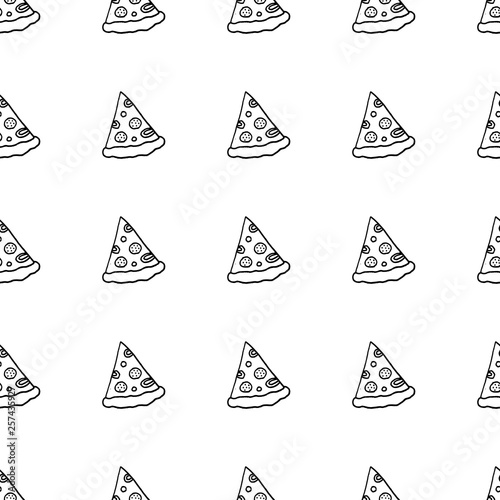 Cute cartoon hand drawn pattern with pizza slices. Sweet vector black and white hand drawn pattern. Seamless monochrome doodle hand drawn pattern for fabric, wallpapers, wrapping paper, cards and web.