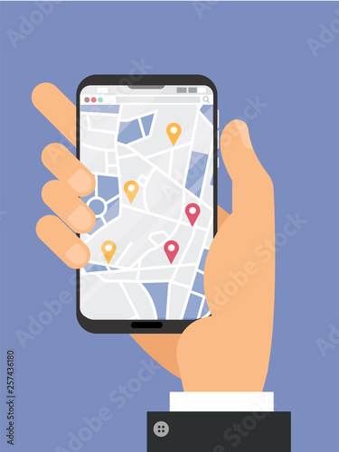 Man Hand holds smartphone with city map gps navigator on smartphone screen. Mobile navigation concept. Modern simple flat design for web banners, web, infographics. Vector flat cartoon illustration